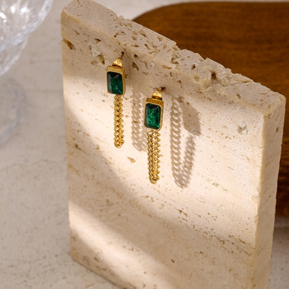 Gorgeous Green Crystal Chain Drop Earrings - Picture 2 of 8